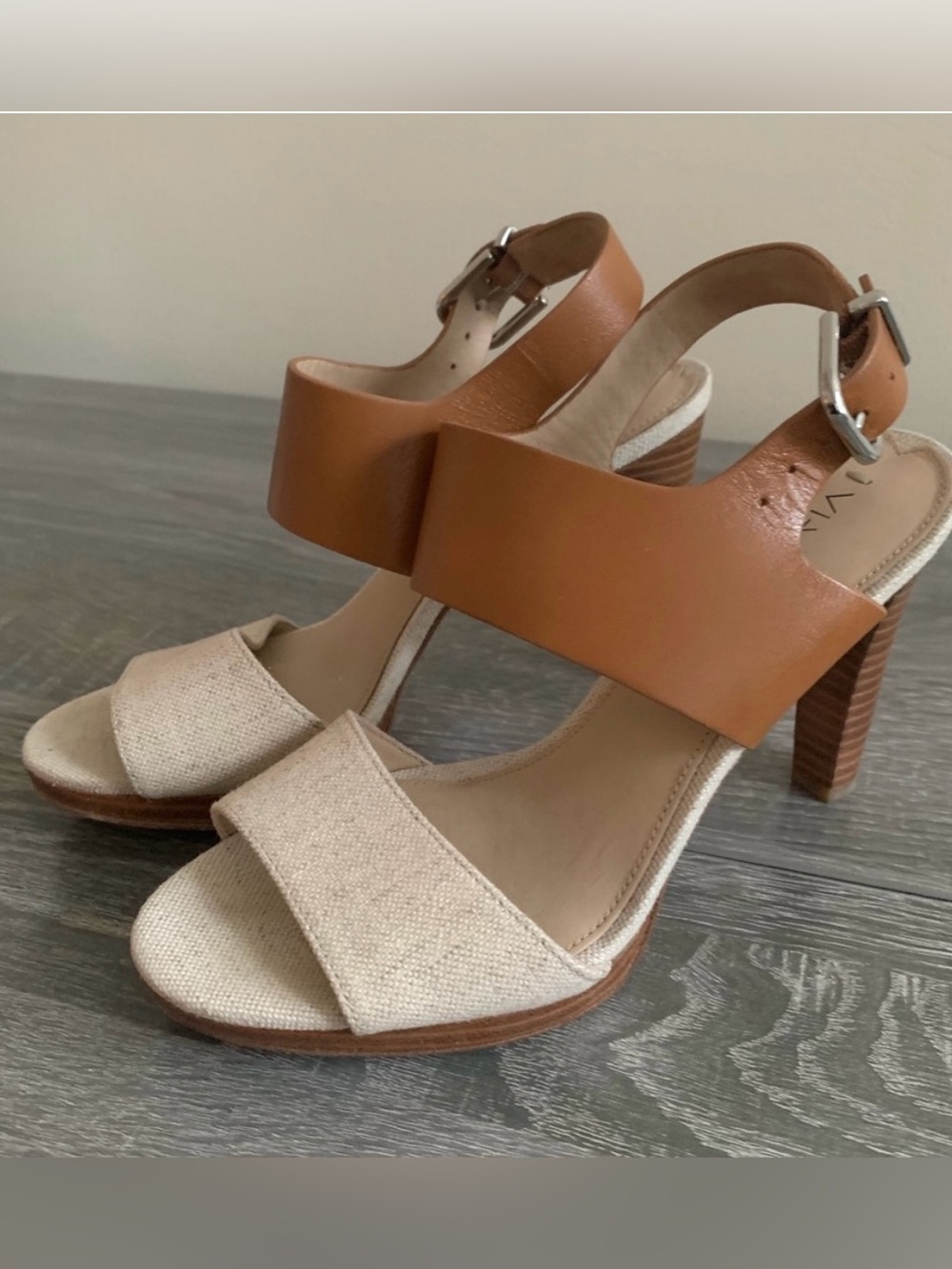 Via Spiga canvas /leather mix stacked heel sandals, size 6M